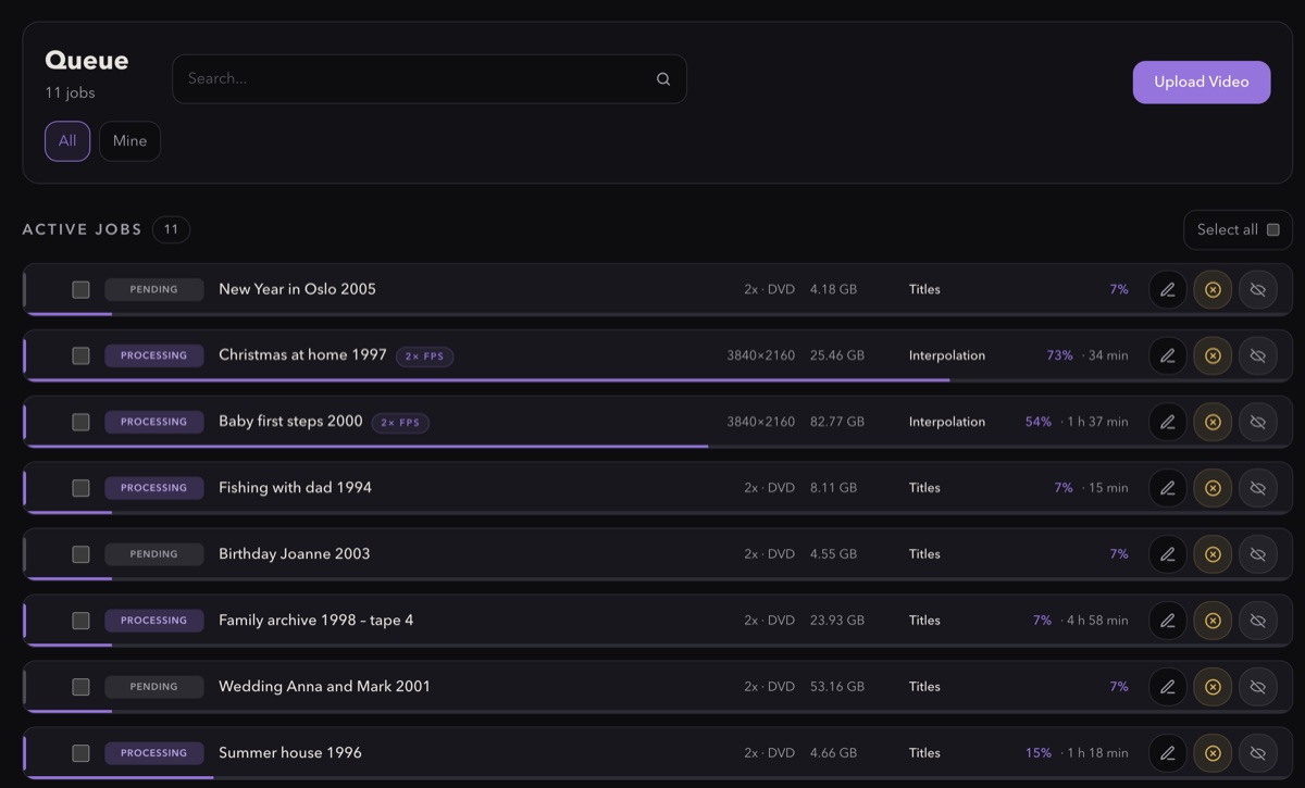 The topscale.io dashboard: the job queue, file sizes, progress and time remaining